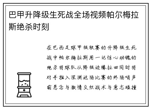 巴甲升降级生死战全场视频帕尔梅拉斯绝杀时刻